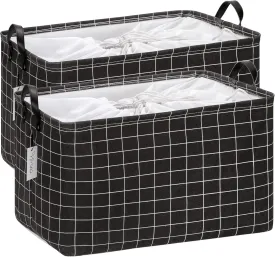 Hinwo 2-Pack Extra Large Canvas Fabric Storage Basket with Handles, 70L/18.5-Gal Oversized Bin, Collapsible Box, Clothes, Toys, Blankets Organizer, 22 x 15 x 13 Inches (XL, Black Grid)