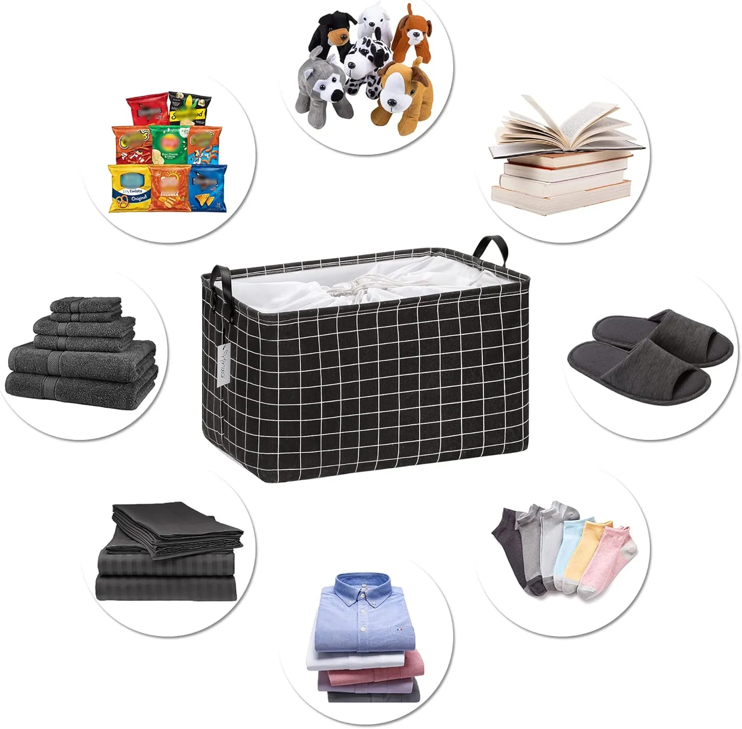 Hinwo 2-Pack Extra Large Canvas Fabric Storage Basket with Handles, 70L/18.5-Gal Oversized Bin, Collapsible Box, Clothes, Toys, Blankets Organizer, 22 x 15 x 13 Inches (XL, Black Grid)