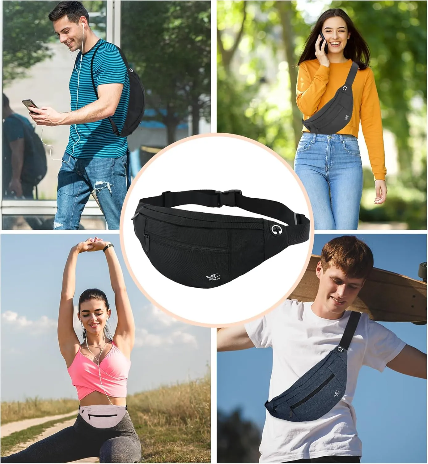 HiRui Large Crossbody Fanny Pack for Men Women Waist Bag Pack with 4-Zipper Pockets Phone Bag Fits All Phones Wallet Keys, Casual Hands-Free Waist Pack for Travel Workout Running (Gray)