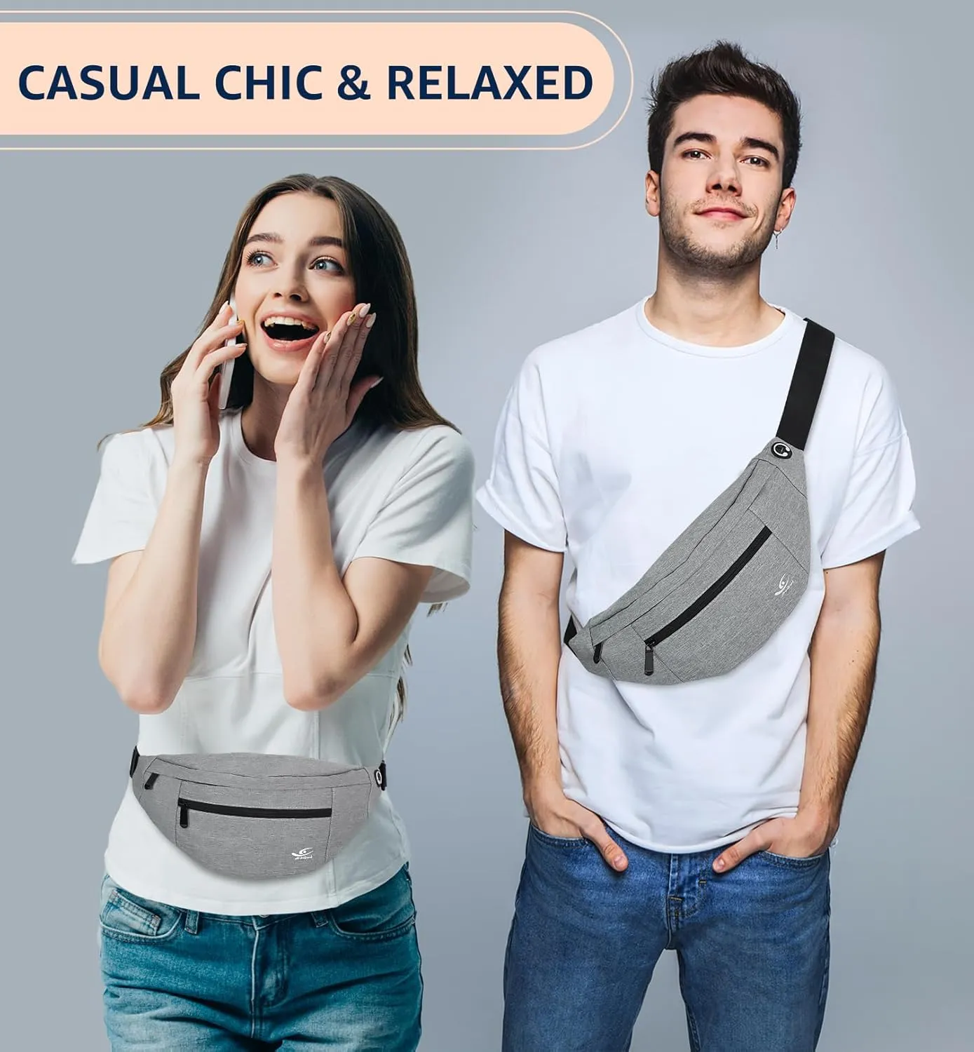 HiRui Large Crossbody Fanny Pack for Men Women Waist Bag Pack with 4-Zipper Pockets Phone Bag Fits All Phones Wallet Keys, Casual Hands-Free Waist Pack for Travel Workout Running (Gray)