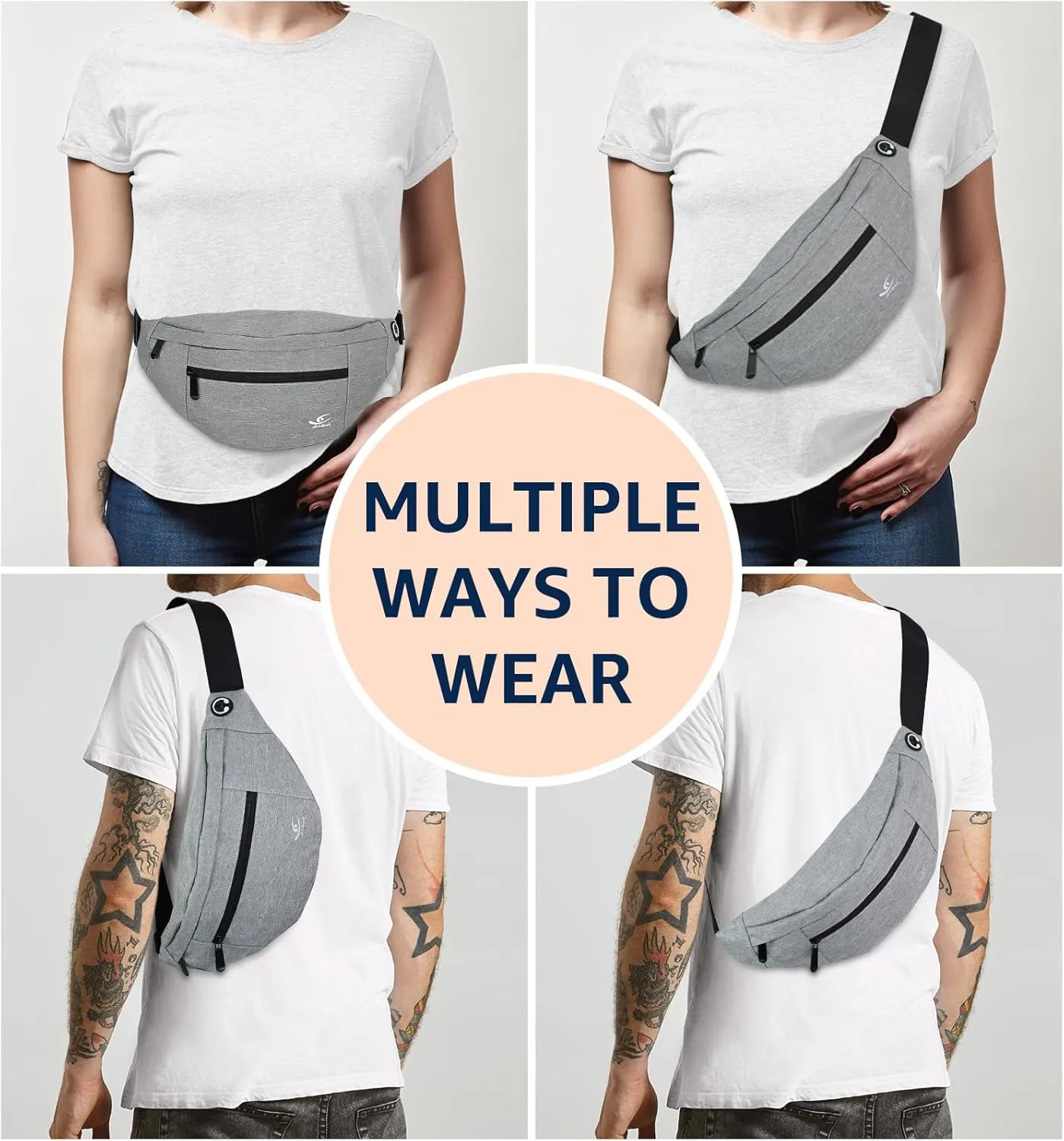 HiRui Large Crossbody Fanny Pack for Men Women Waist Bag Pack with 4-Zipper Pockets Phone Bag Fits All Phones Wallet Keys, Casual Hands-Free Waist Pack for Travel Workout Running (Gray)