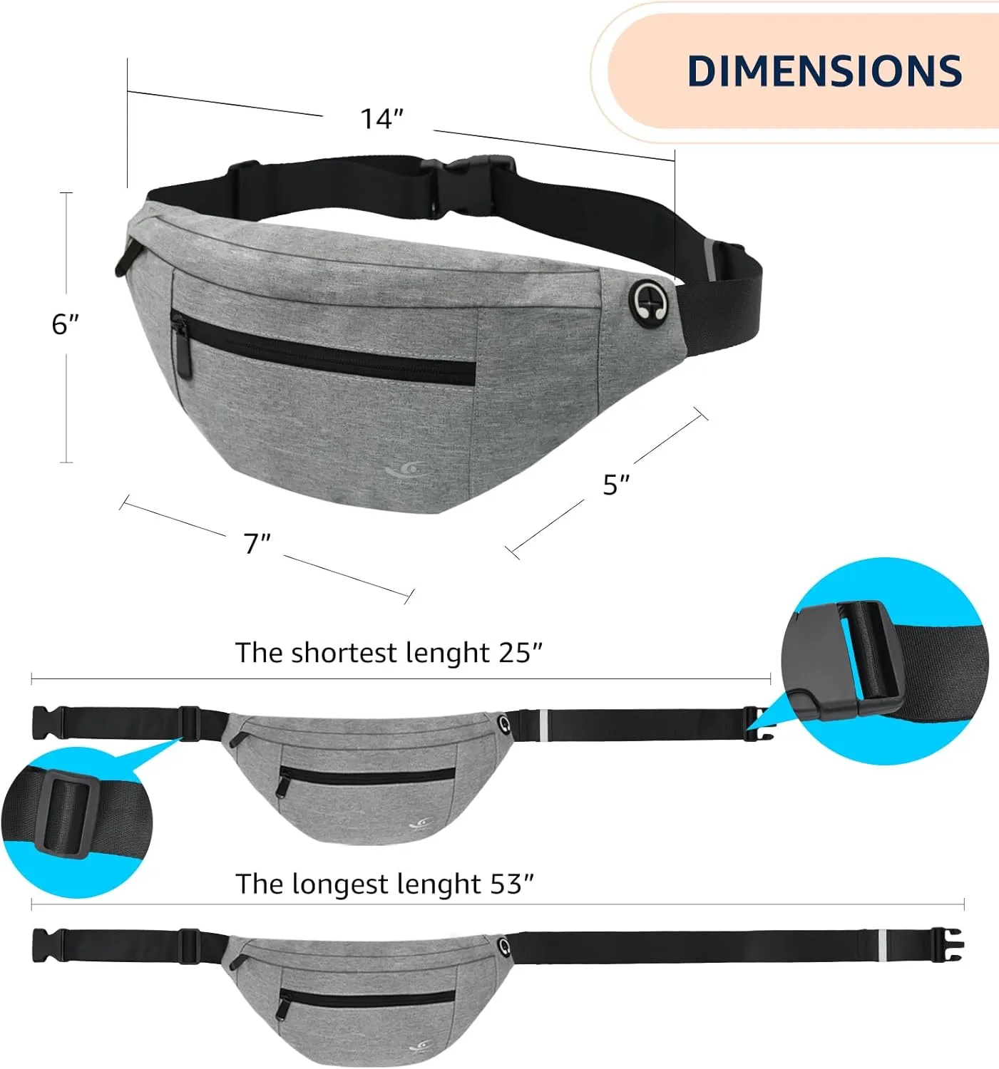 HiRui Large Crossbody Fanny Pack for Men Women Waist Bag Pack with 4-Zipper Pockets Phone Bag Fits All Phones Wallet Keys, Casual Hands-Free Waist Pack for Travel Workout Running (Gray)