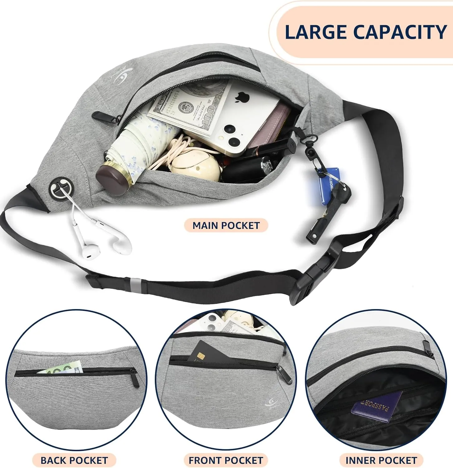 HiRui Large Crossbody Fanny Pack for Men Women Waist Bag Pack with 4-Zipper Pockets Phone Bag Fits All Phones Wallet Keys, Casual Hands-Free Waist Pack for Travel Workout Running (Gray)