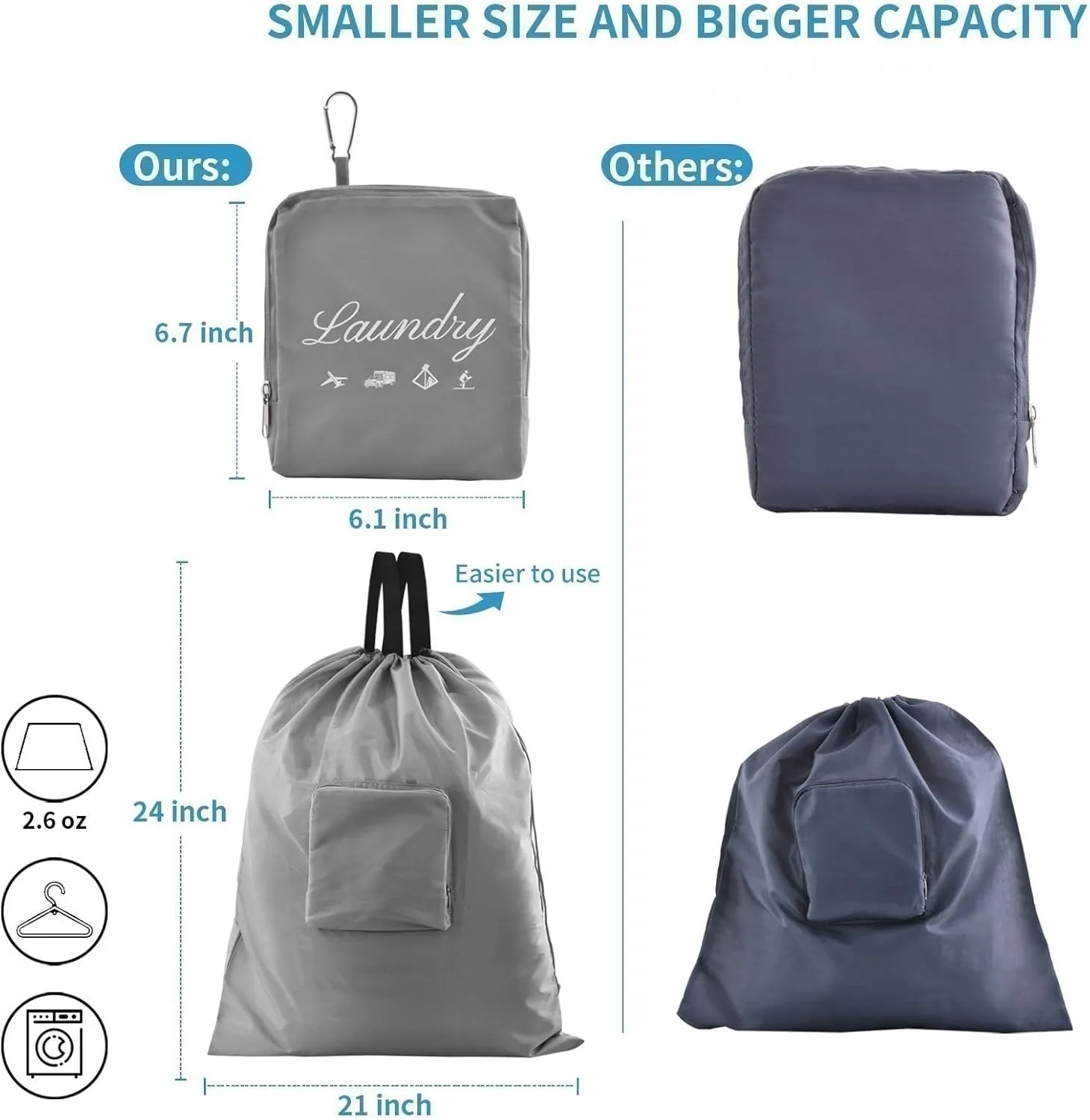 JHX Travel Laundry Bag, Dirty Clothes Bag Upgraded with Handles and Aluminum Carabiner, Collapsible Laundry Bag for Travel, Camp, Fitness, and Students1Pcs Grey 24"L x 21"W
