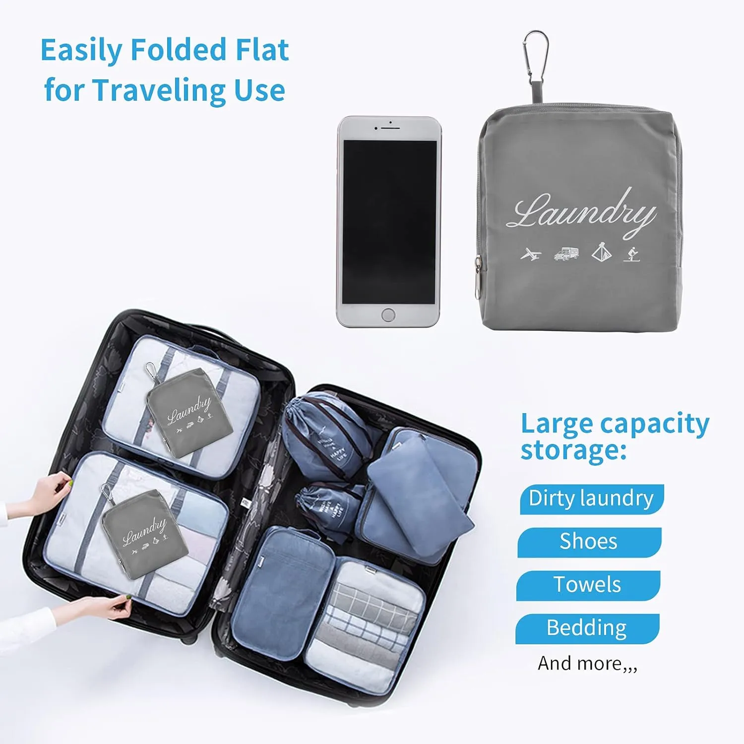 JHX Travel Laundry Bag, Dirty Clothes Bag Upgraded with Handles and Aluminum Carabiner, Collapsible Laundry Bag for Travel, Camp, Fitness, and Students1Pcs Grey 24"L x 21"W