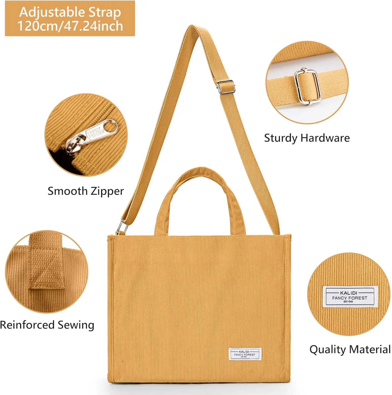 KALIDI Tote Bag for Women Corduroy Crossbody Bag Casual Zipper Tote Fashion Shoulder Handbag Hobo bag with Pockets