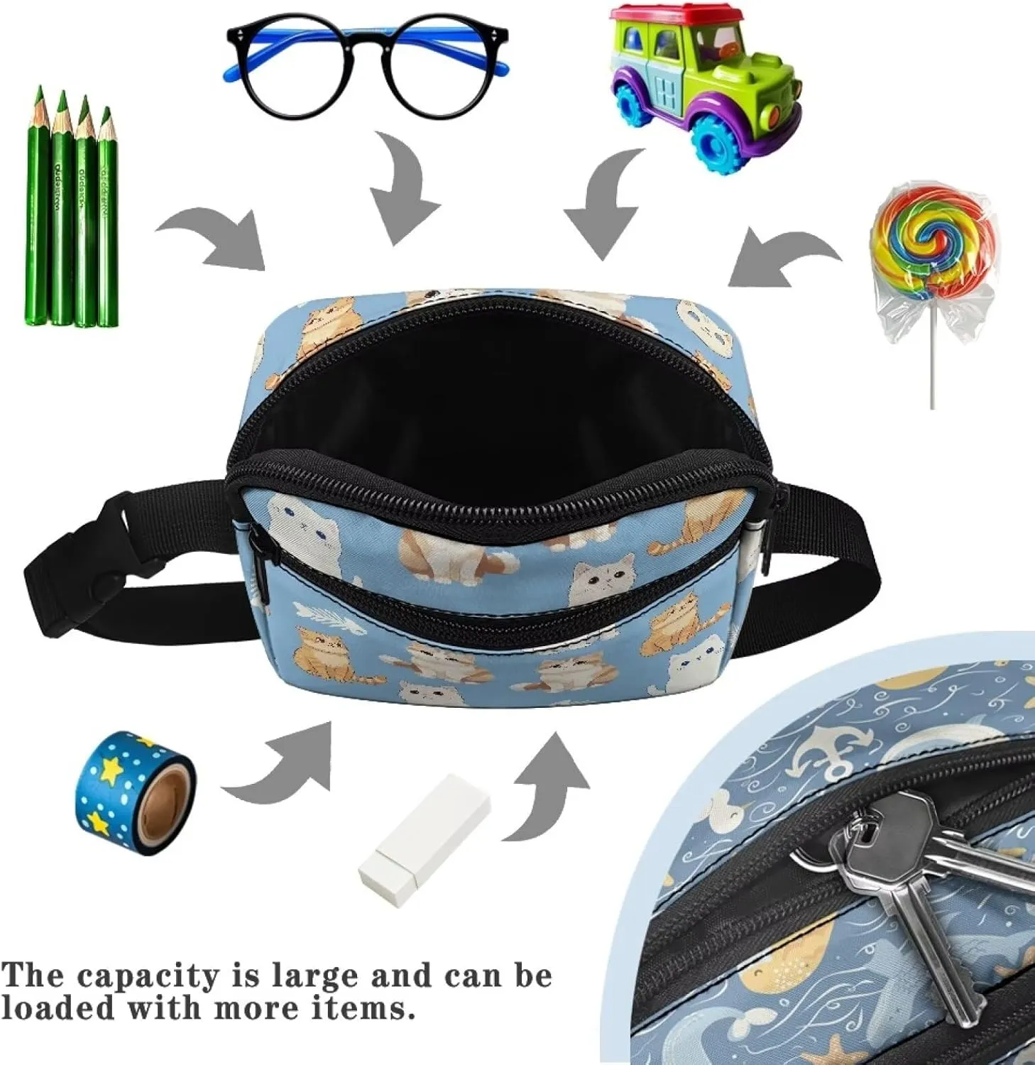 Kuiaobaty Waist Bag for Kids, Cute Cats Blue Fanny Pack for Little Girls Fashion Children's Bum Bag Lightweight Chest Bag for Travel
