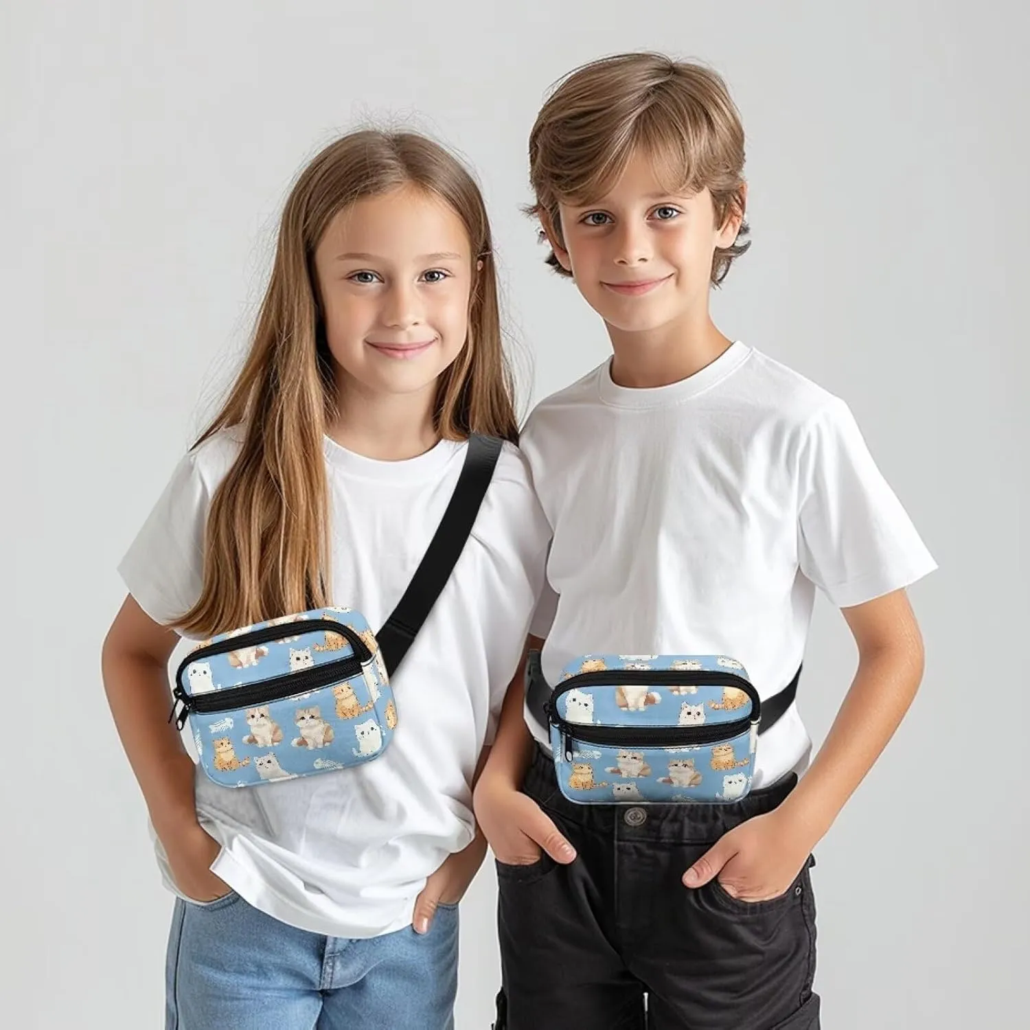 Kuiaobaty Waist Bag for Kids, Cute Cats Blue Fanny Pack for Little Girls Fashion Children's Bum Bag Lightweight Chest Bag for Travel