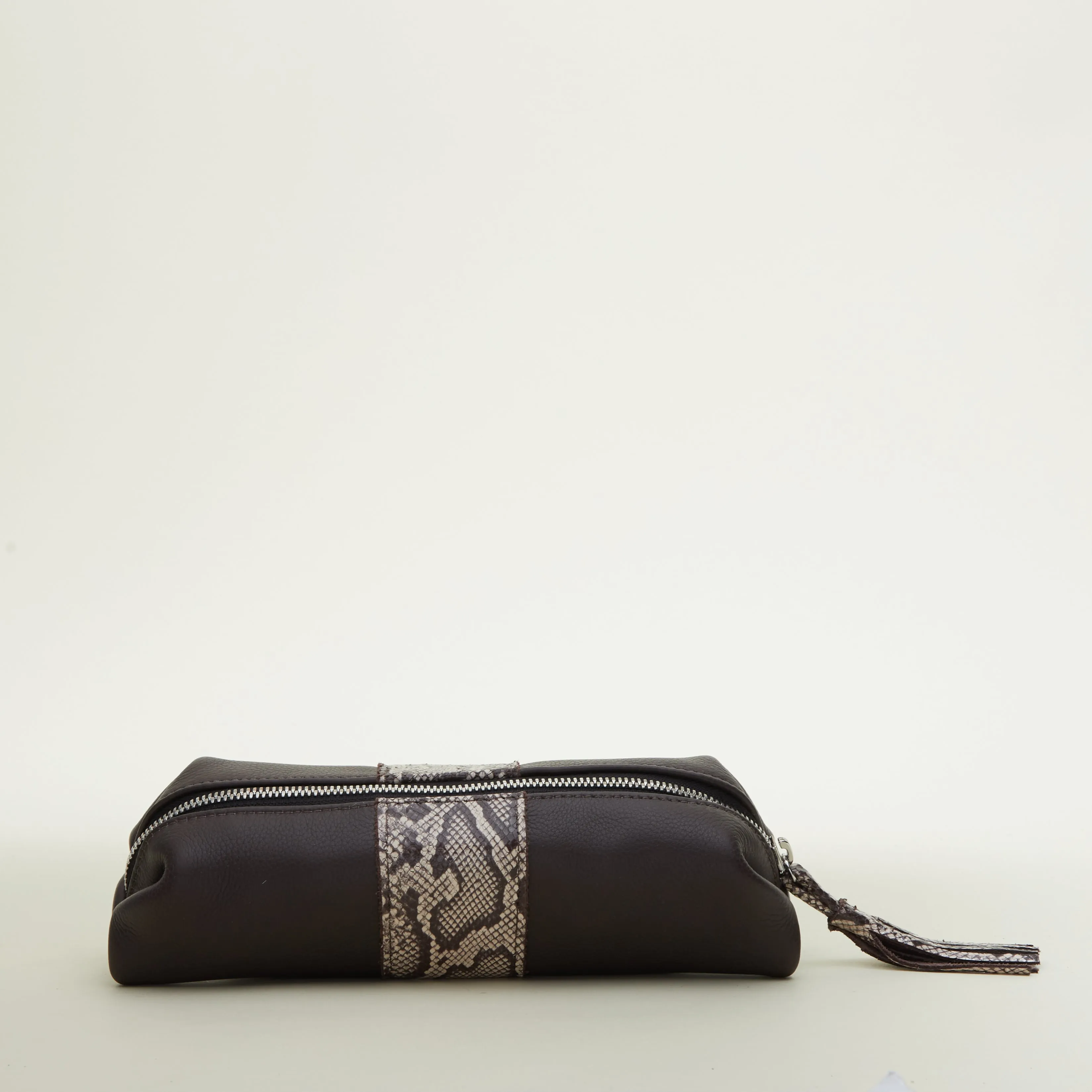 Large Cosmetic Pouch | Brown Leather   Snake Print Stipe "The Stevie"