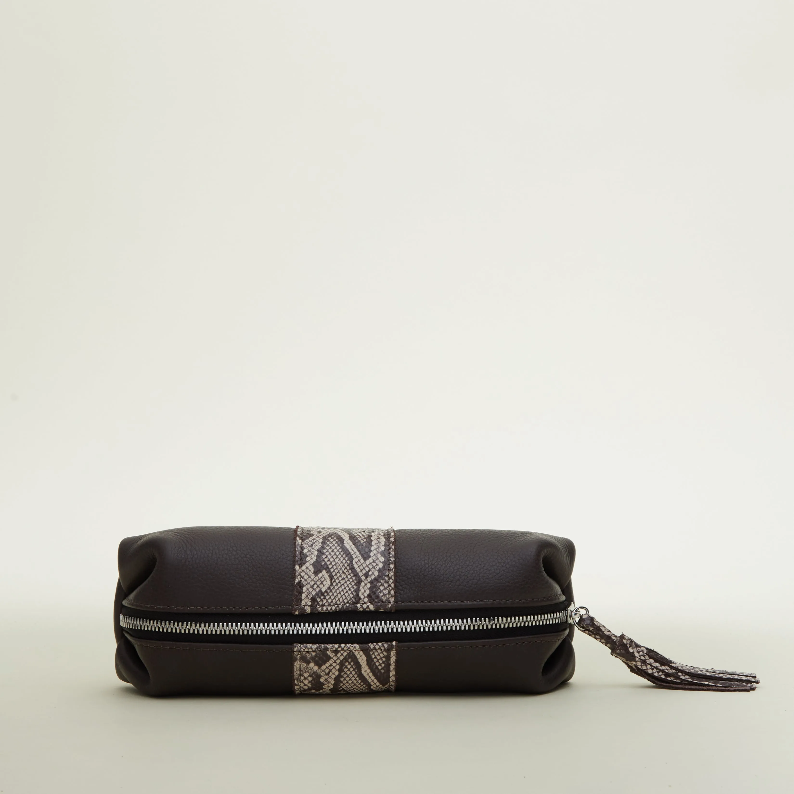 Large Cosmetic Pouch | Brown Leather   Snake Print Stipe "The Stevie"
