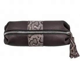 Large Cosmetic Pouch | Brown Leather   Snake Print Stipe "The Stevie"