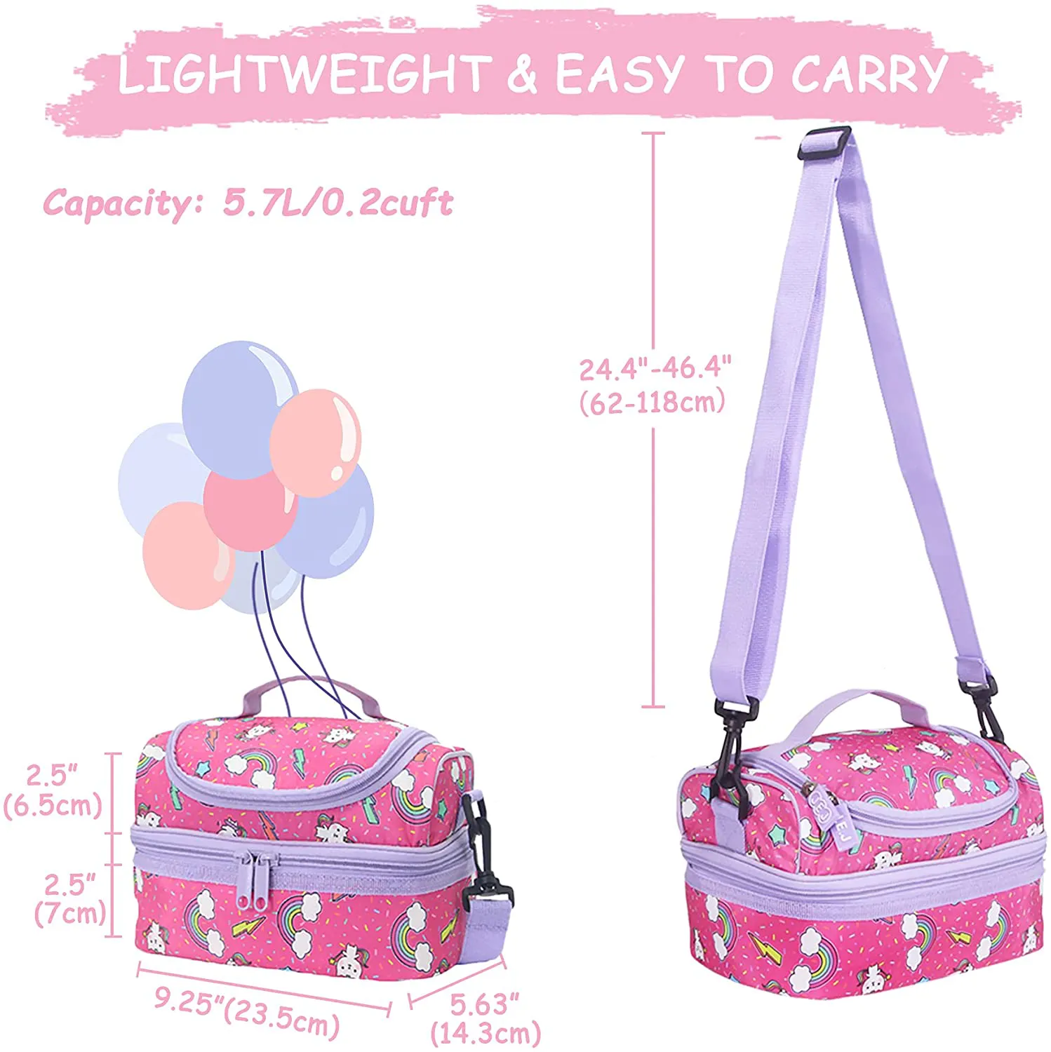 Lunch Bag Box for Girls, Kasqo Insulated Cooler Bag Kids Lunch Tote with Dual Compartments, Pink Kitty