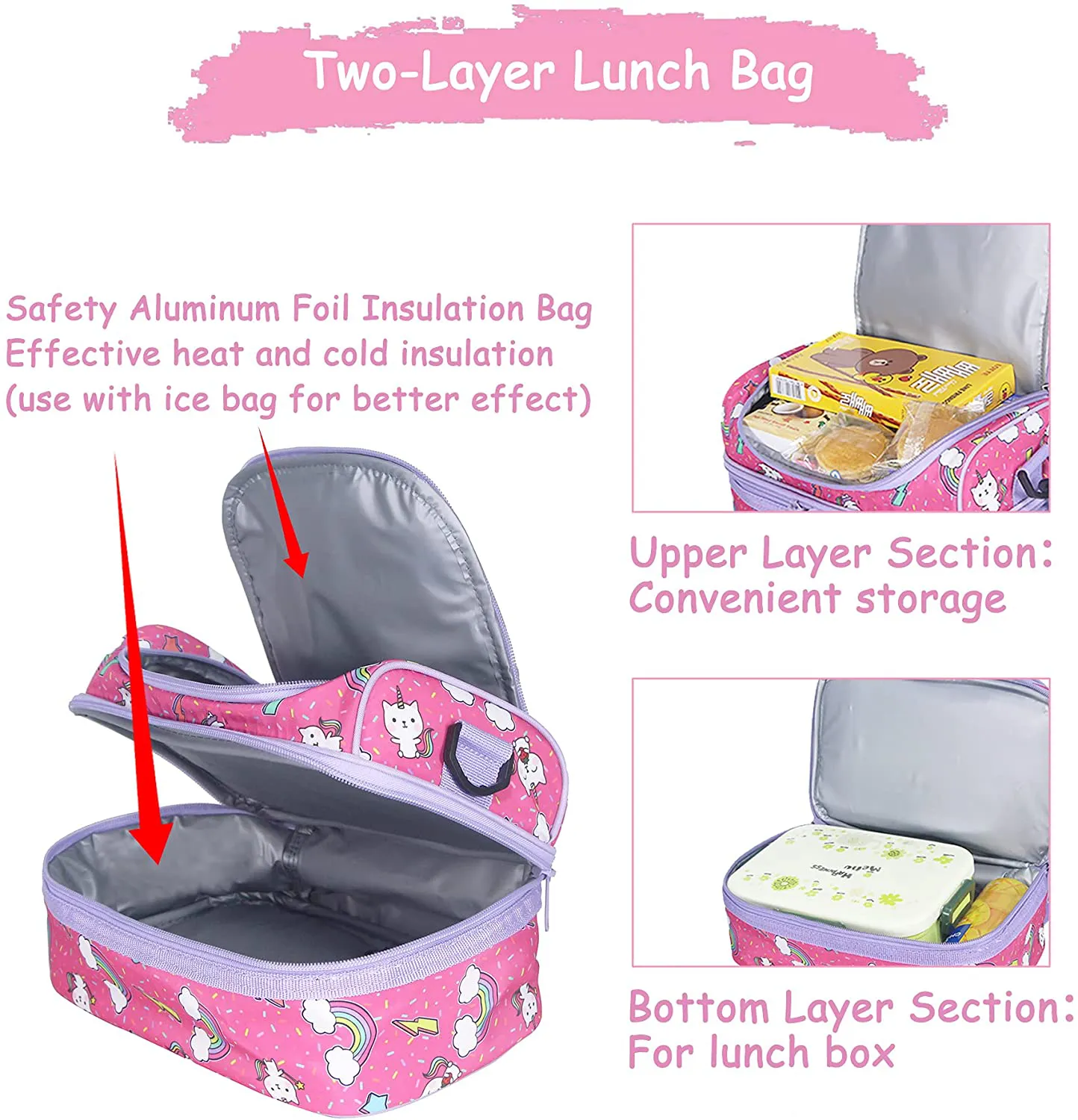 Lunch Bag Box for Girls, Kasqo Insulated Cooler Bag Kids Lunch Tote with Dual Compartments, Pink Kitty