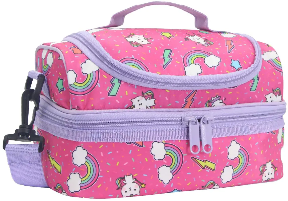 Lunch Bag Box for Girls, Kasqo Insulated Cooler Bag Kids Lunch Tote with Dual Compartments, Pink Kitty