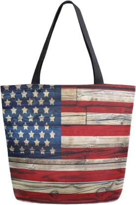 Naanle 4th of July Canvas Tote Bag Large Women Casual Shoulder Bag Handbag, Wooden American Flag Reusable Multipurpose Heavy Duty Shopping Grocery Cotton Bag for Outdoors.
