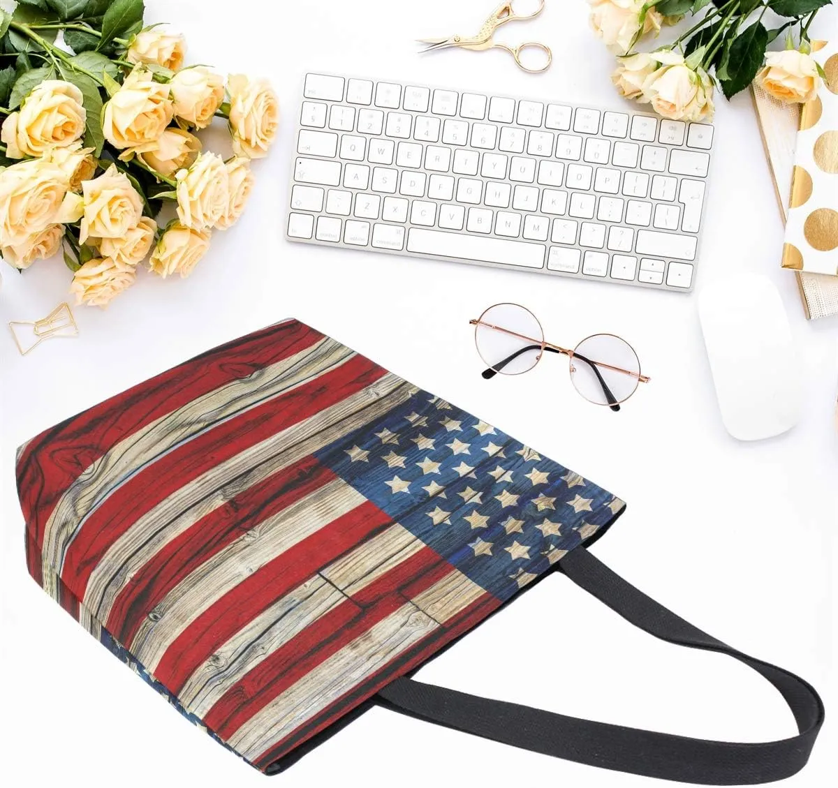 Naanle 4th of July Canvas Tote Bag Large Women Casual Shoulder Bag Handbag, Wooden American Flag Reusable Multipurpose Heavy Duty Shopping Grocery Cotton Bag for Outdoors.