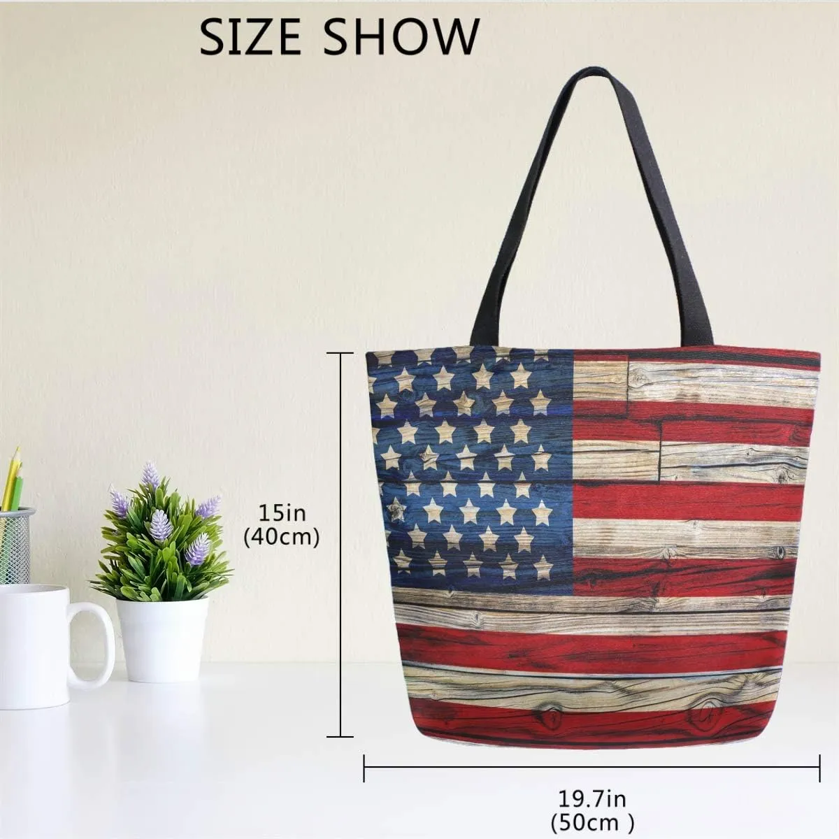 Naanle 4th of July Canvas Tote Bag Large Women Casual Shoulder Bag Handbag, Wooden American Flag Reusable Multipurpose Heavy Duty Shopping Grocery Cotton Bag for Outdoors.