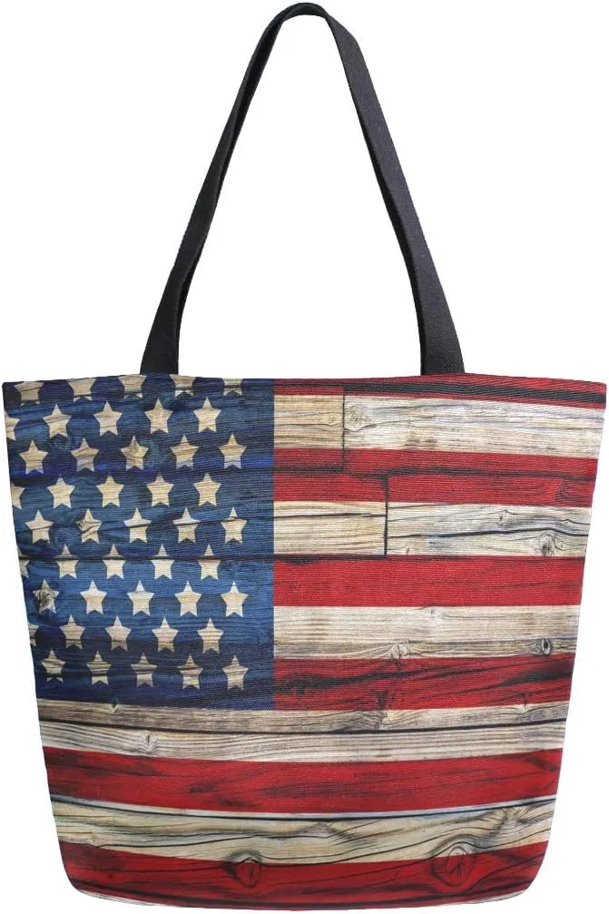 Naanle 4th of July Canvas Tote Bag Large Women Casual Shoulder Bag Handbag, Wooden American Flag Reusable Multipurpose Heavy Duty Shopping Grocery Cotton Bag for Outdoors.