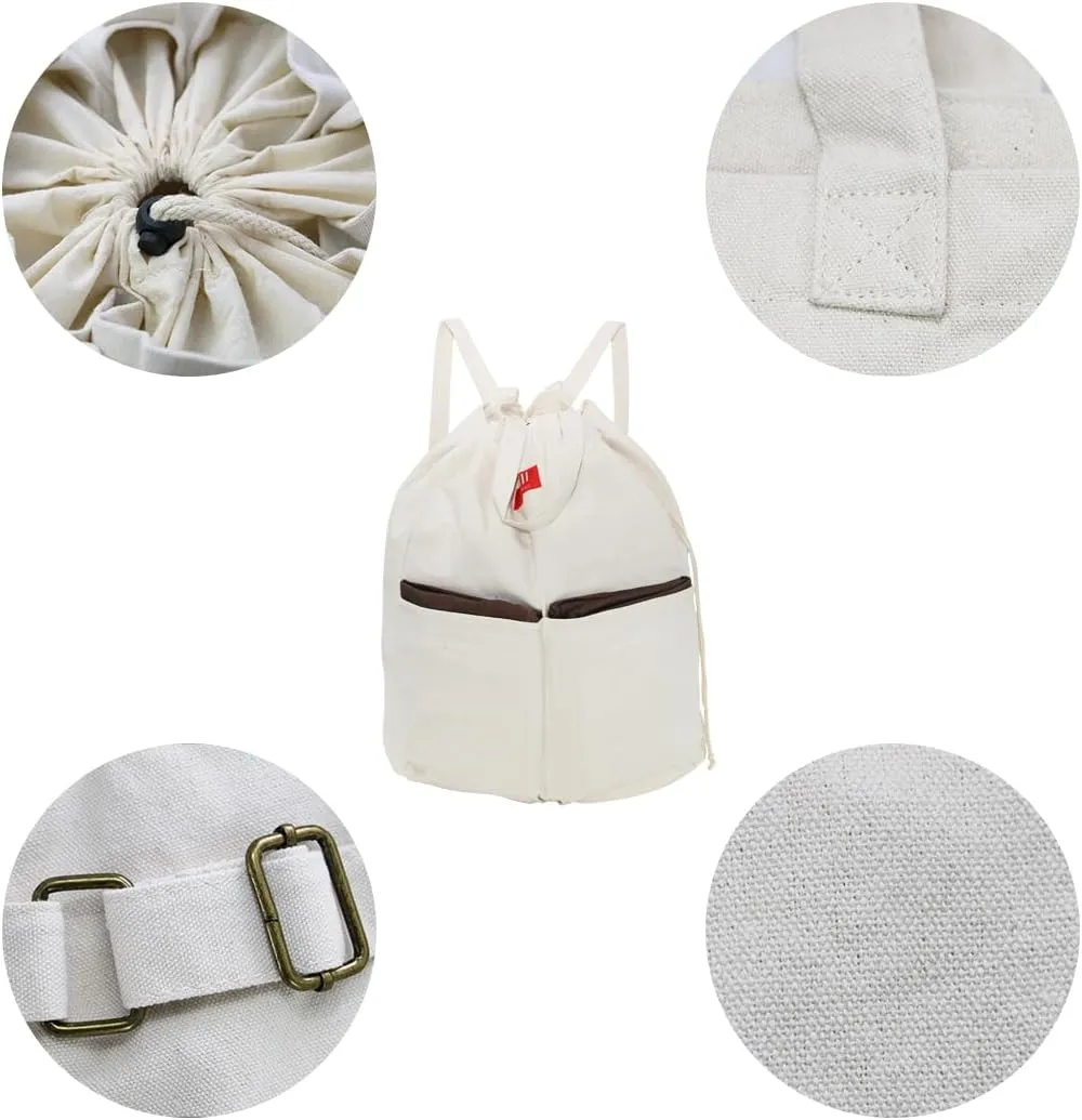 Pack of 2, 100% Breathable Cotton Canvas Laundry Backpack with Drawstring Closure, Laundry Bags with Shoulder Straps & 2 Handles, Washable in Machine & Dryer