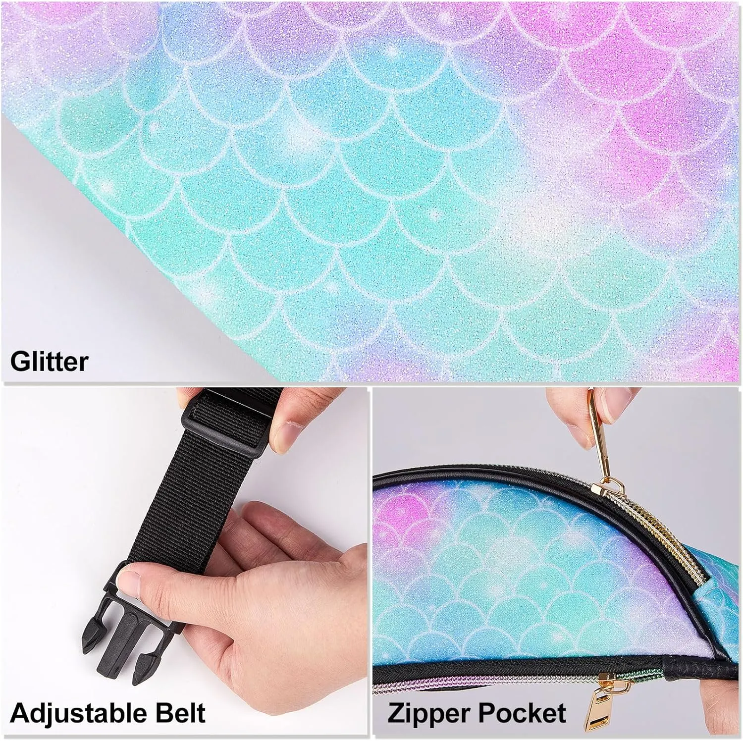 QtGirl Fanny Pack for Kids, Glitter Waist Bag Shiny Bags with Adjustable Belt for Children Sport Running, Camping, Trip