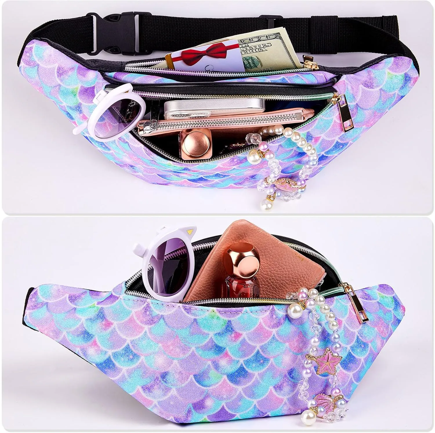 QtGirl Fanny Pack for Kids, Glitter Waist Bag Shiny Bags with Adjustable Belt for Children Sport Running, Camping, Trip