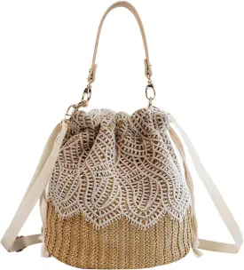 Rcheommo Women Cross Body Bohemian Straw Bag Straw Drawstring Bucket Straw Bag Flower Lace Decor Handwoven Rattan Ba