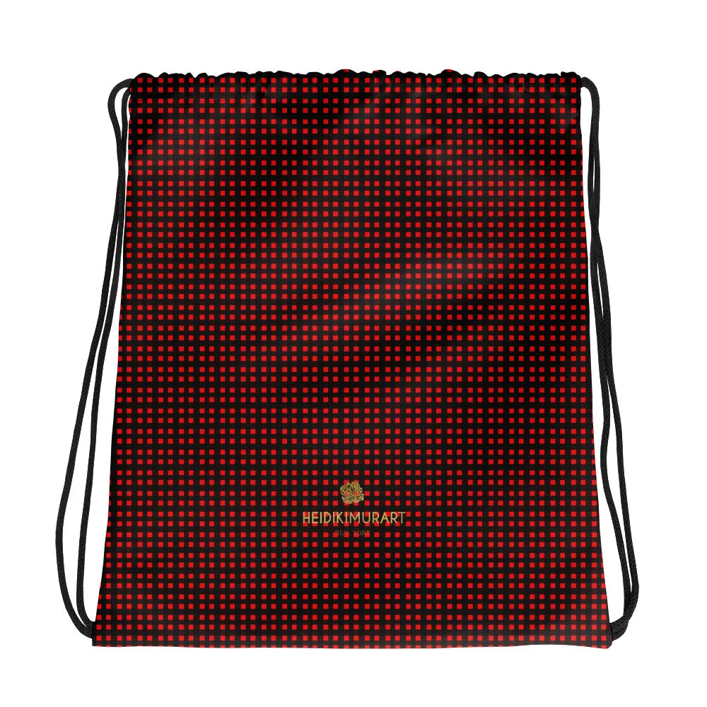 Red Buffalo Drawstring Bag, Plaid Print Designer 15”x17” Drawstring Bag For Travel/ School- Made in USA/EU