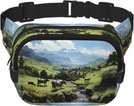 Square Double Layer Waist Bag - Crossbody Bag/Adjustable Strap Chest,for Travel Workout Running print Alpine Farm Cows