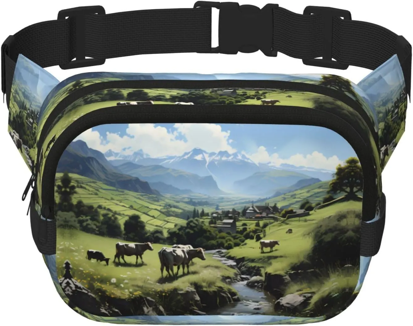 Square Double Layer Waist Bag - Crossbody Bag/Adjustable Strap Chest,for Travel Workout Running print Alpine Farm Cows