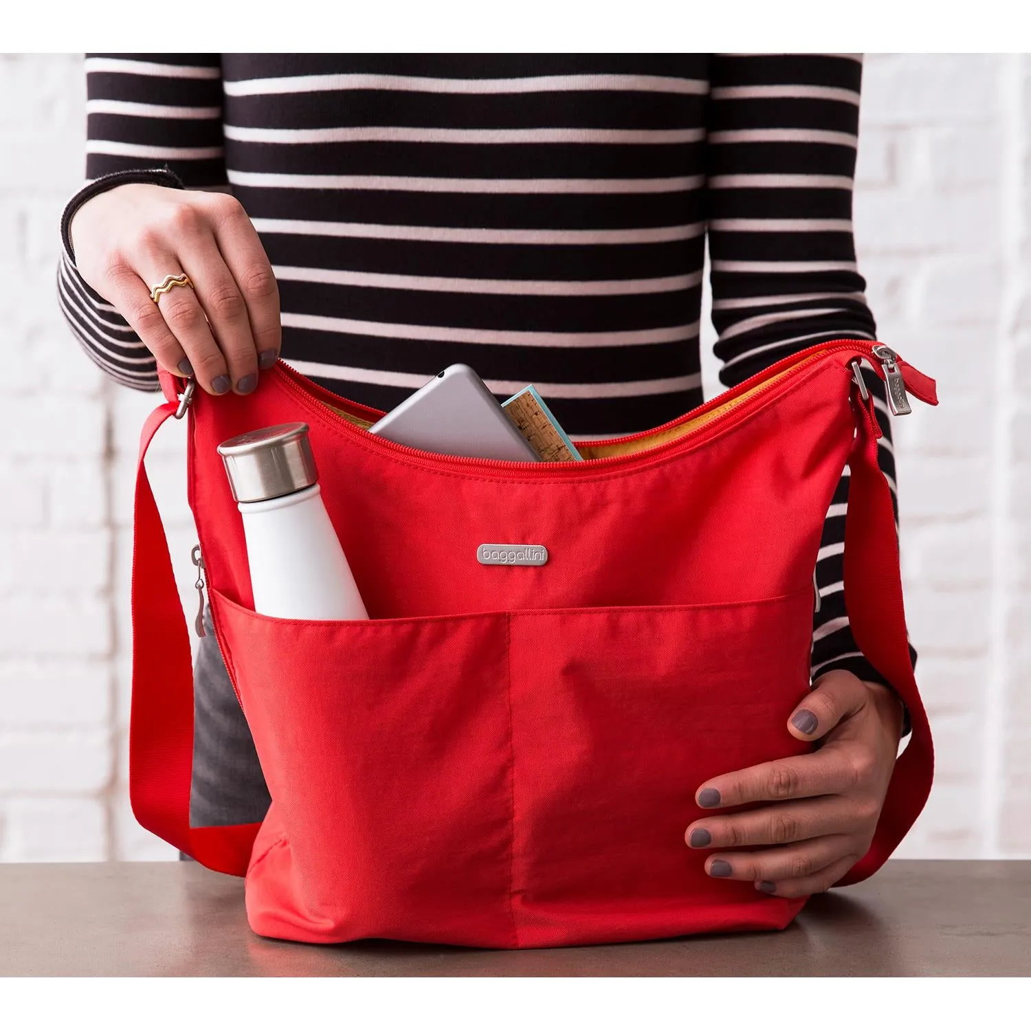 Women's Baggallini Hobo Crossbody with RFID Wristlet Black/Sand Nylon