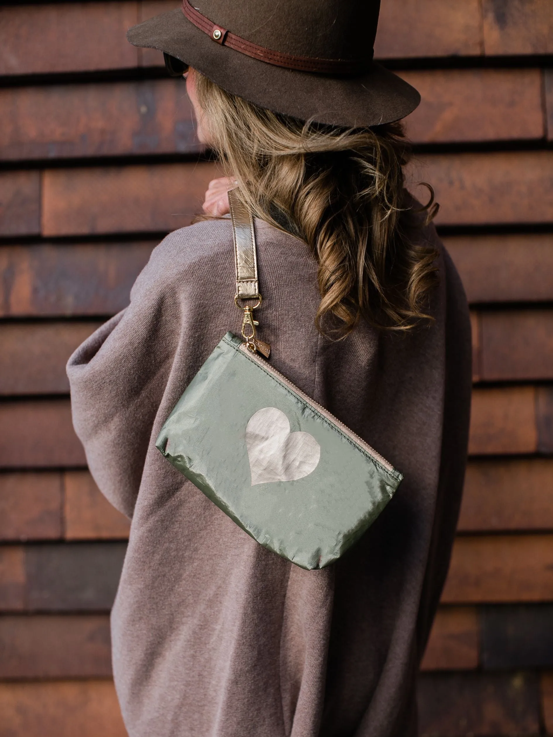 Zip Wristlet - Shimmer Olive Green with Golden Heart