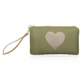 Zip Wristlet - Shimmer Olive Green with Golden Heart