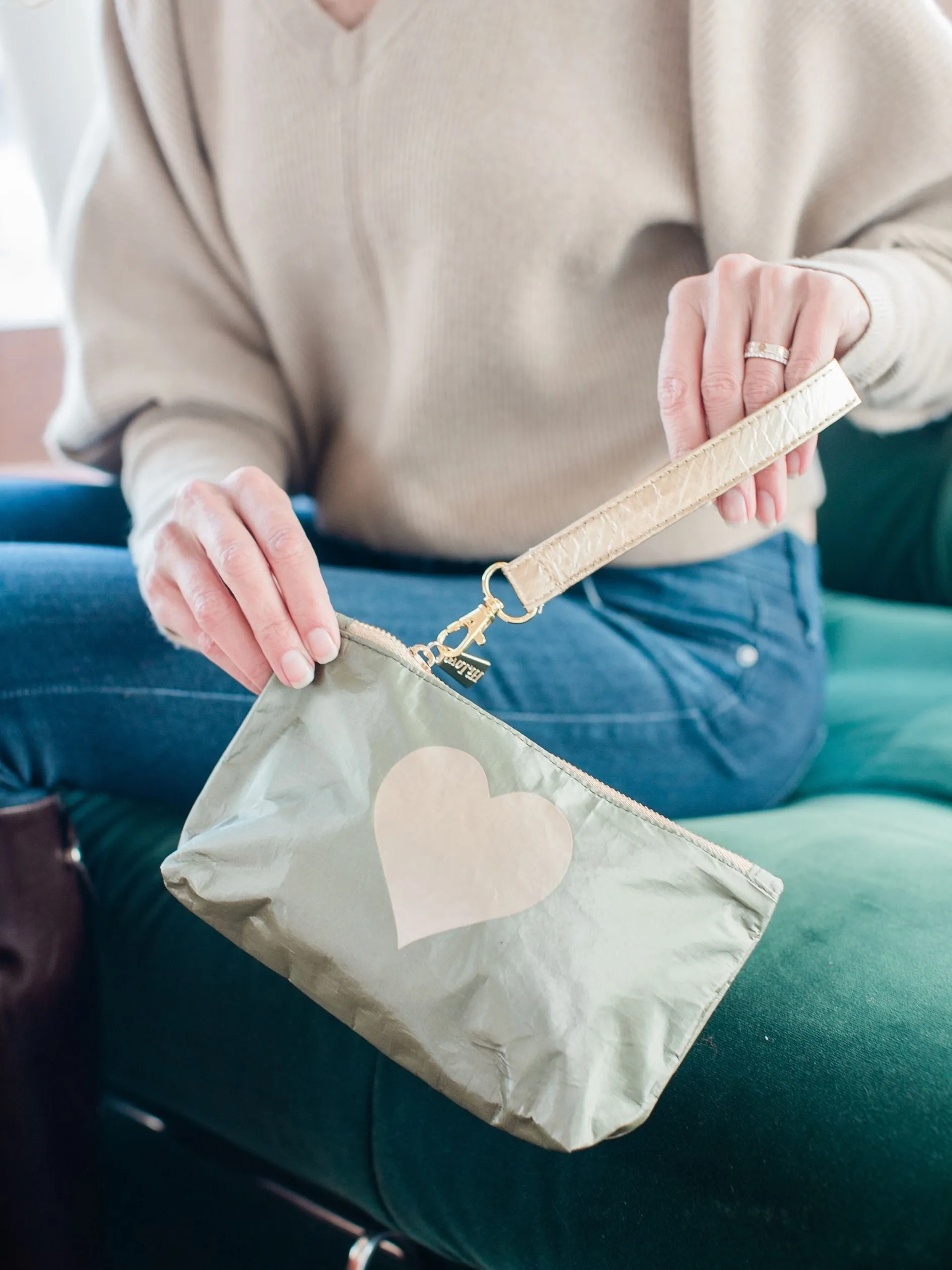 Zip Wristlet - Shimmer Olive Green with Golden Heart